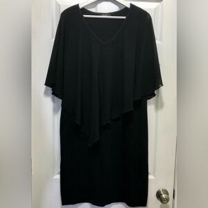 Chic Minimalist Asymmetrical Body-con Black Dress with Chiffon Flowy Overlay